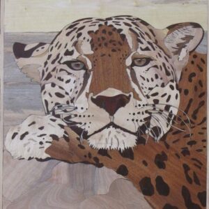 Holzmosaik ( Intarsien ) Persischer Leopard aus Nussbaum und Orangen
